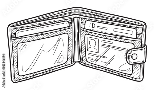 Hand drawn black and white open wallet outline showing identification and credit cards, perfect for financial security education personal budgeting or travel document organization.