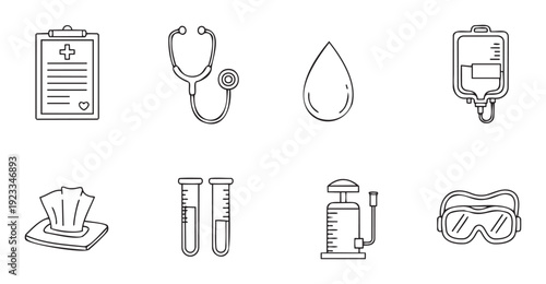 A comprehensive collection of medical and laboratory icons representing healthcare essentials, useful for educational materials, clinic signage, or digital health applications