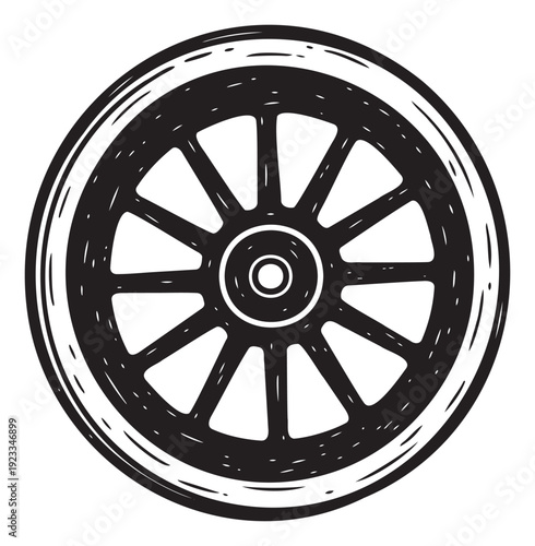 Strong monochromatic wheel symbol featuring sturdy spokes and a bold rim, ideal for mechanical projects, historical uses, or transportation logos.