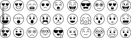 Set of black and white emoji icons featuring various facial expressions and emotions isolated on white background for digital communication.