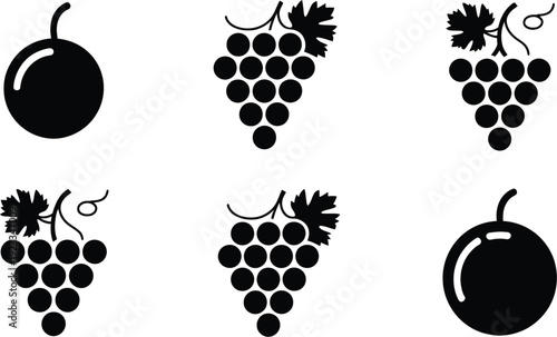 Set of black grape bunches and round berry icons isolated on white background for vineyard wine and fruit product design.