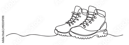 Modern minimalist single line drawing of two sturdy hiking boots with intricate laces representing adventure and exploration for sportswear advertising and travel blogs