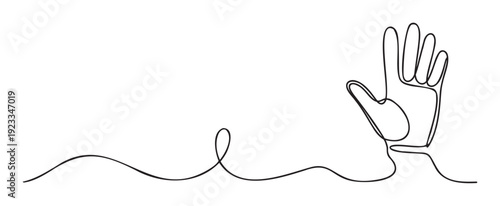 Simple continuous line drawing depicting an open palm hand raised in a welcoming or stopping gesture, perfect for contemporary media presentations.