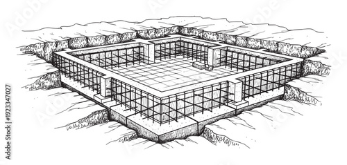 Detailed technical sketch of a concrete building foundation with visible reinforcing steel, ideal for showcasing structural engineering concepts in construction planning and educational