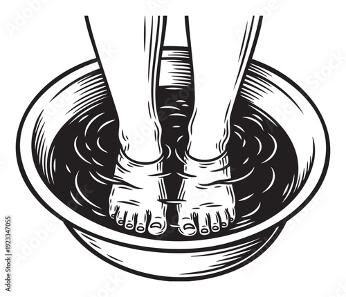 Person soaking tired feet in a relaxing warm water foot bath, perfect for wellness, spa, and selfcare themed promotions and materials.