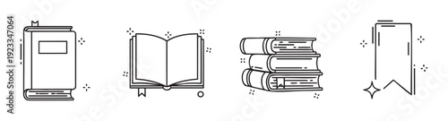 Outline icons for book and reading themes a standing book, an open book, stacked volumes, and a modern bookmark, suitable for educational platforms and learning apps.