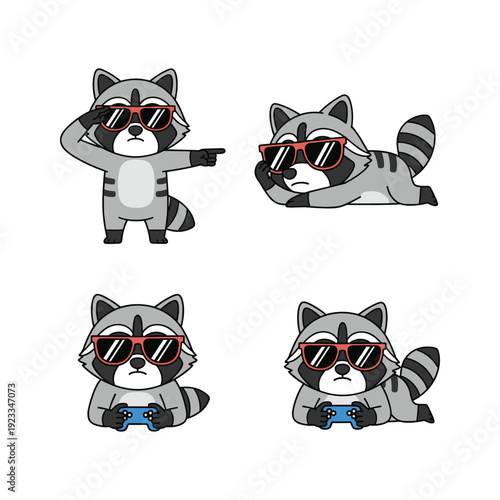 Cartoon raccoons wearing sunglasses in various poses on white background