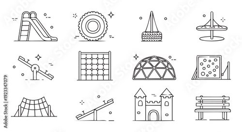 Line art icons of playground equipment including slides, seesaws, swings, climbing structures, and benches, ideal for childhood activity advertisements and kidfriendly entertainment