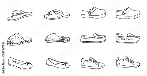 A comprehensive collection of diverse footwear designs including casual sandals, comfortable clogs, stylish flats, and sporty sneakers, perfect for fashion catalogs and online stores
