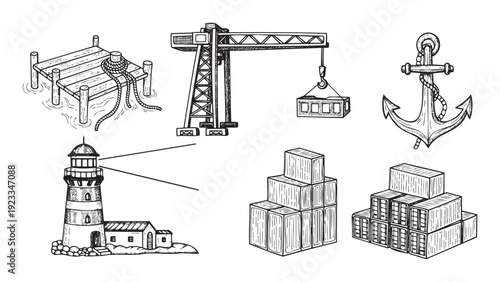 Maritime port and shipping icons including a wooden dock, industrial crane lifting a container, ship anchor, beacon lighthouse, and cargo boxes, ideal for logistics and global trade content.