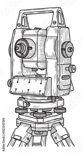 Detailed line drawing of a precision surveying instrument a theodolite on a tripod ideal for technical illustrations and educational materials in civil engineering and land measurement.