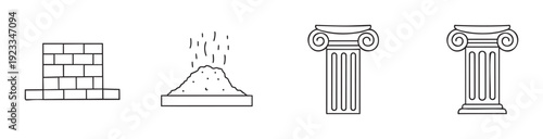 Essential building and construction materials represented by a brick wall, sand pile, and classical Ionic columns, useful for architectural, engineering, and historical projects or