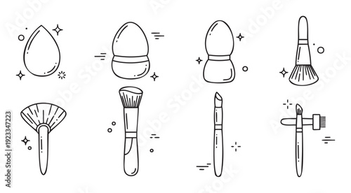 Collection of hand drawn outline makeup tools and cosmetic brushes for beauty industry branding, blog illustrations, and product guides