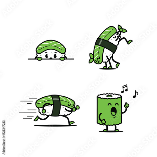 Cartoon sushi characters dancing and having fun in a minimalist style