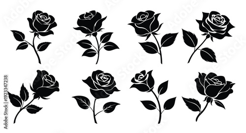 nine black rose silhouettes displayed with varying flower
