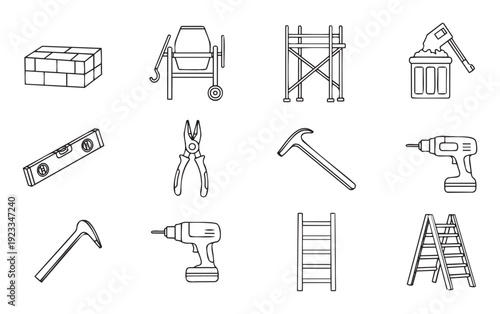 Comprehensive collection of essential construction tools and equipment line icons suitable for building industry presentations, engineering diagrams, and industrial applications