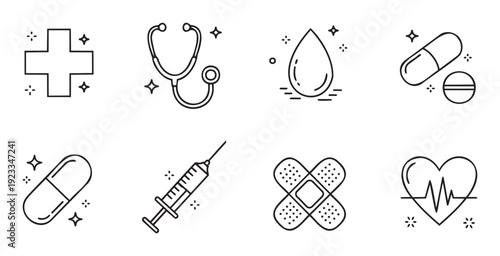 Collection of healthcare and medical line icons perfect for illustrating digital health applications, clinic brochures, or pharmacy advertisements promoting wellness and emergency services.
