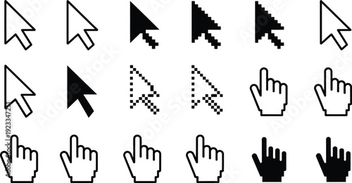 Set of black and white computer cursor icons including arrow pointers and hand clicking symbols isolated on white background vectors.
