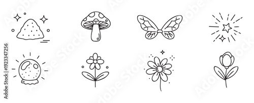Whimsical collection of handdrawn magic icons including sparkling dust, fantasy mushroom, delicate butterfly wings, glowing crystal ball, and pretty flowers perfect for enchantment themed