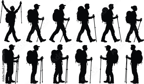 Black silhouette illustration of twelve hikers with backpacks and trekking poles in walking and standing poses, representing outdoor activity, physical motion, gear usage, and adventure design