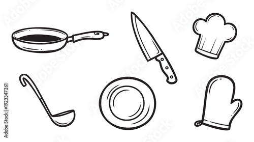 Cooking utensils and kitchenware collection for culinary themes and food preparation concepts suitable for menus recipe books restaurant advertisements or cooking class promotions