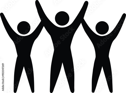 Three silhouetted figures with arms raised in a celebratory gesture