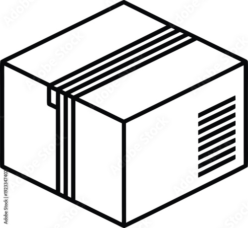 Isometric illustration of a black and white cardboard box with ventilation slits