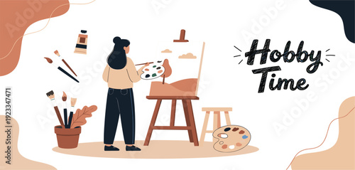 Hobby Time Painting Illustration with Female Artist Canvas Brushes and Art Supplies for Creative Lifestyle Art Studio and Leisure Activity Design