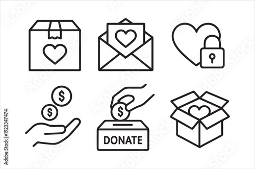 Charity and donation themed line icons depicting love giving and support