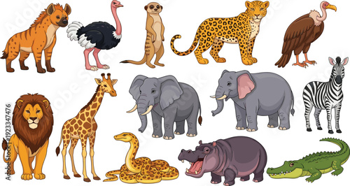 African Safari Wildlife Animals Collection With Lion Elephant Giraffe Zebra And Predator Vector Set