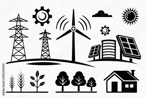 Black and white vector graphic illustration collection depicting renewable energy sources transmission infrastructure and nature elements for sustainability concepts