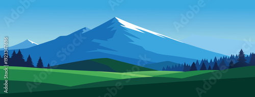 Schilderij op canvas mountain landscape featuring a lush field of grass