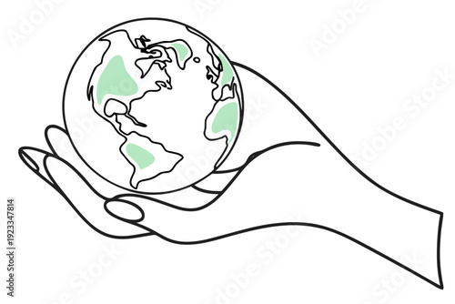 Minimalist single line art vector illustration depicting a caring hand gently cradling the entire planet earth symbolizing global care and environmental protection