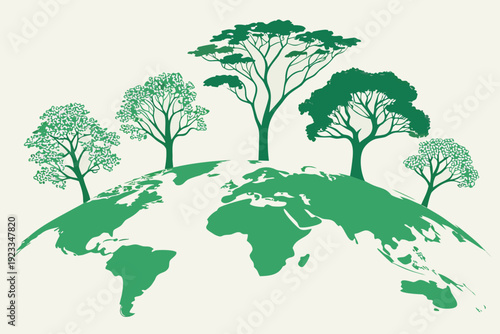 Global Green Earth Ecology – Sustainable Nature Conservation and Reforestation Vector Illustration Design