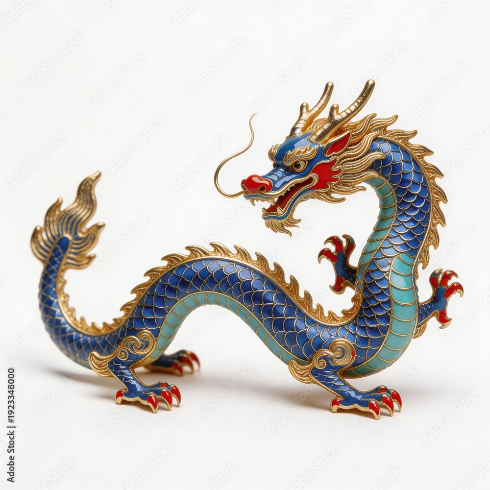 Fototapeta premium Curved dragon decorative sculpture in enamel style, ultra detailed gold filigree, isolated on pure white background, clean stock style lighting 