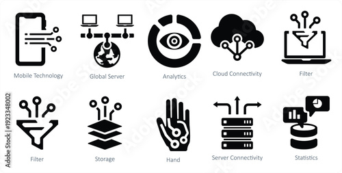 set of big data icons as cloud connectivity filter