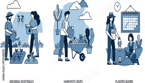 Vegetable Gardening Process Illustration Set with Growing Vegetables, Harvesting Crops and Planting Bulbs Steps for Sustainable Agriculture Concept