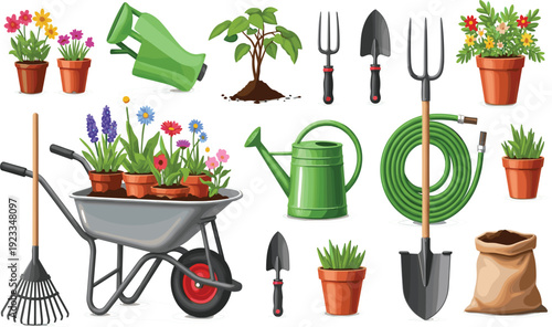 Gardening Tools and Plants Set with Wheelbarrow Watering Can Shovel Rake Pots and Flowers for Garden Care Landscaping and Home Farming Illustration