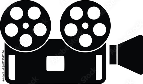 Black silhouette of a vintage film camera with two reels