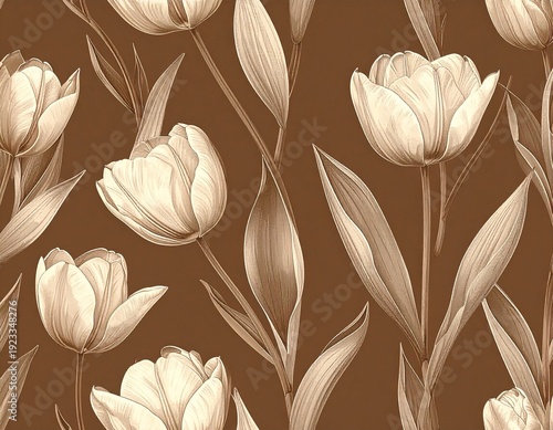 Elegant Sepia Tone Floral Pattern - Artistic Tulip Bloom Design on Brown Background.