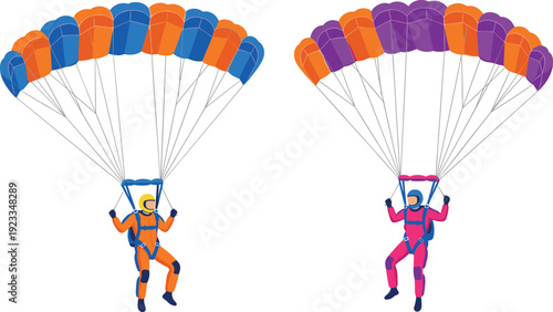 Skydivers Parachuting With Colorful Parachutes Extreme Sport Adventure Illustration Set