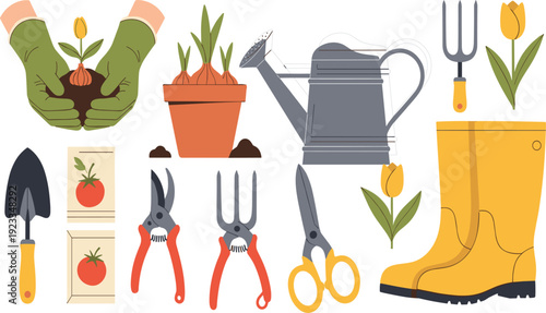 Gardening Tools and Equipment Vector Set with Watering Can, Gloves, Boots, Scissors, Plants, Seed Packets and Horticulture Elements for Garden Care Design