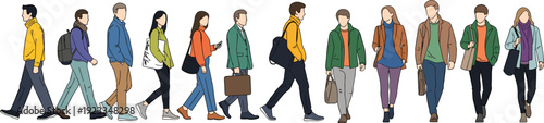 Diverse People Walking Together In Casual Clothing Showing Daily Life Urban Crowd Illustration Collection