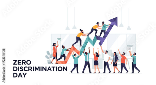 Illustration of diverse people climbing colorful arrows on Zero Discrimination Day, promoting equality and social inclusion with a vibrant and uplifting mood.