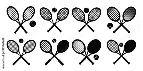 black silhouette of crossed tennis rackets and ball icon on