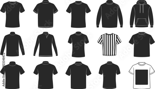 Assortment of black silhouette t-shirts, long sleeves, and hoodies on white background clothing apparel