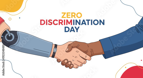 Illustration of two diverse hands shaking with Zero Discrimination Day text in a colorful, abstract background promoting equality and social inclusion.