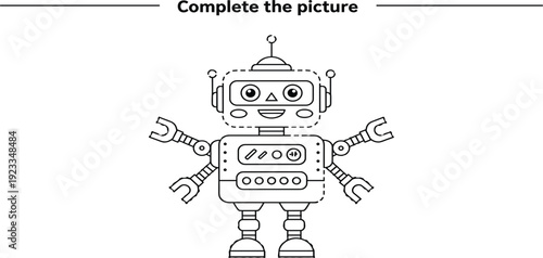 Complete the Picture Robot Worksheet for Kids Educational Puzzle Coloring Page with Cute Cartoon Robot Vector Illustration for Learning and Drawing Practice Activity