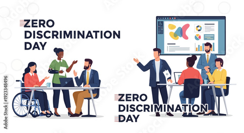 Illustration of diverse people engaging in discussions and presentations for Zero Discrimination Day, promoting equality and social inclusion with colorful graphics.