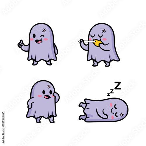 Cute cartoon ghost characters sleeping and yawning with copy space
